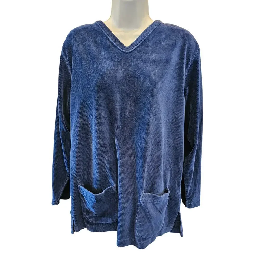 Vintage Jennifer Moore navy blue velour pocket lounge sweater comfy warm sz M +